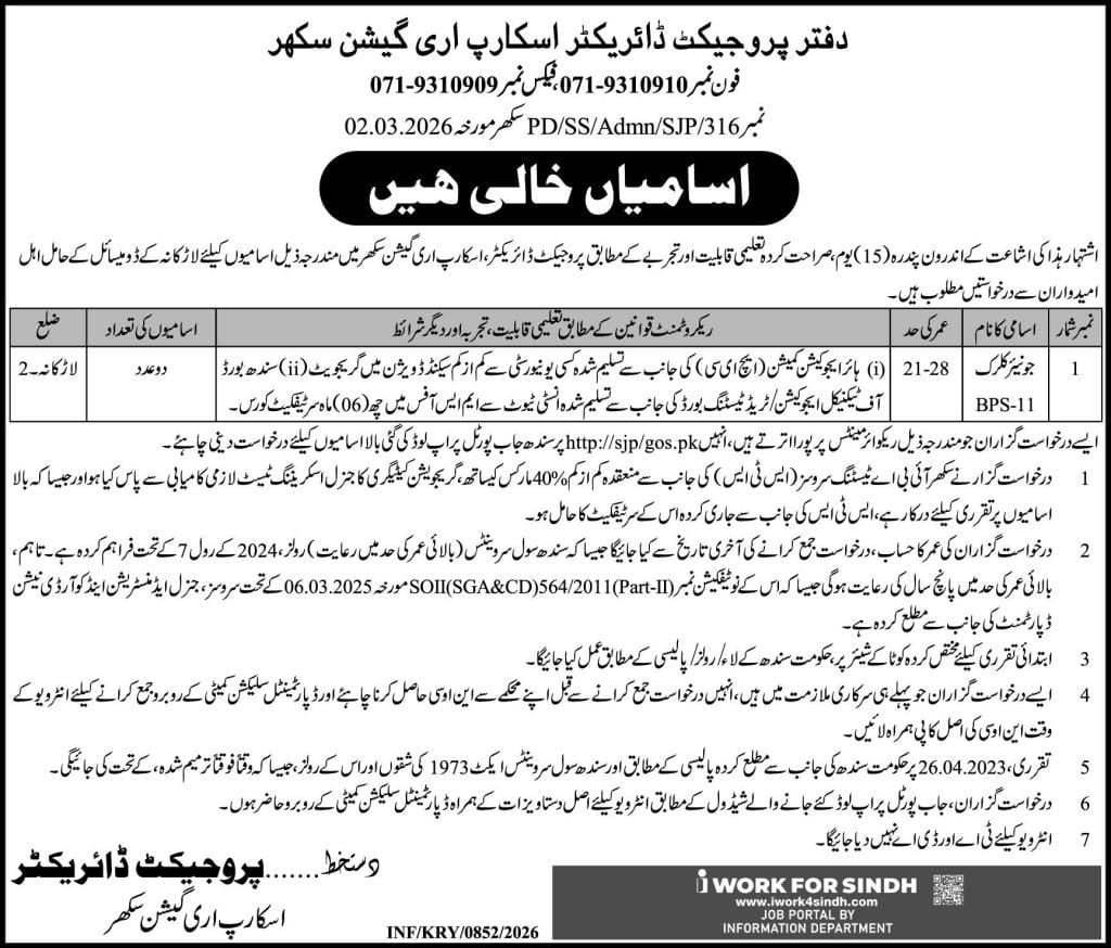 Office of project director SCARP irrigation sukkur jobs 2026