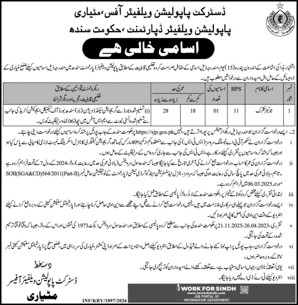 Matiari population welfare department ,Government of Sindh jobs 2026