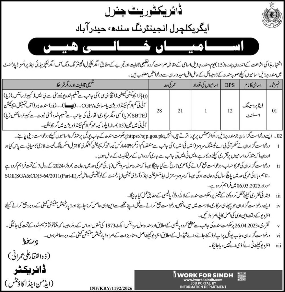 Director general agricultural engineering Sindh , hadarabad  jobs 2026