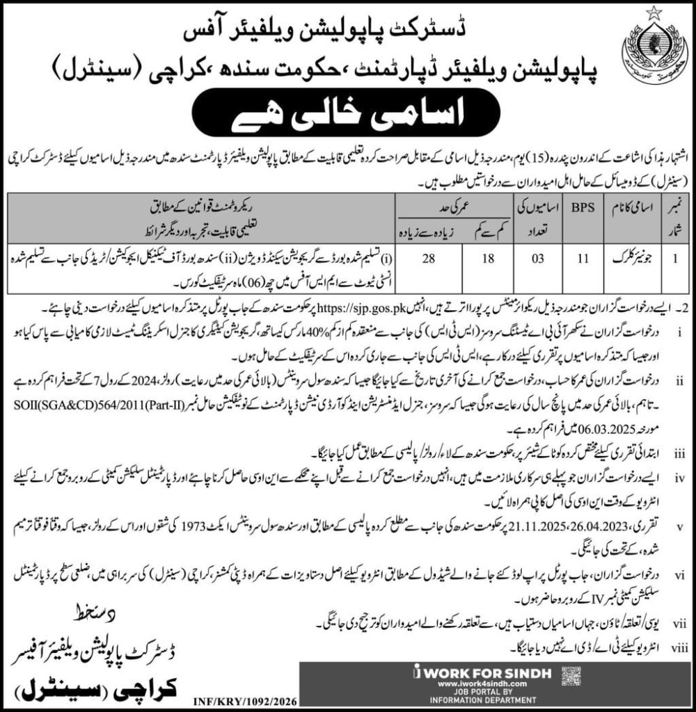 Population welfare department , government of Sindh ,Karachi ( Central) jobs 2026