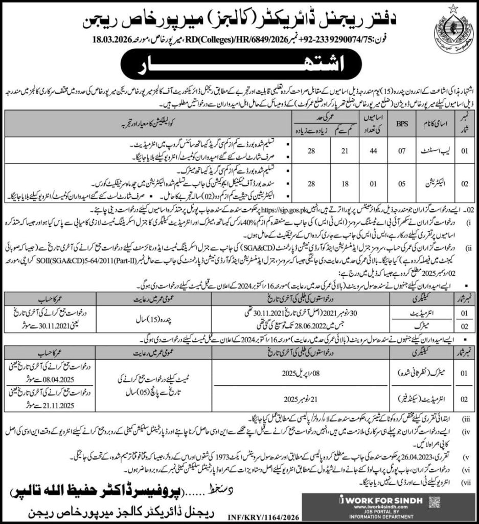 Office of regional director ( colleges) mirpurkhas region jobs 2026