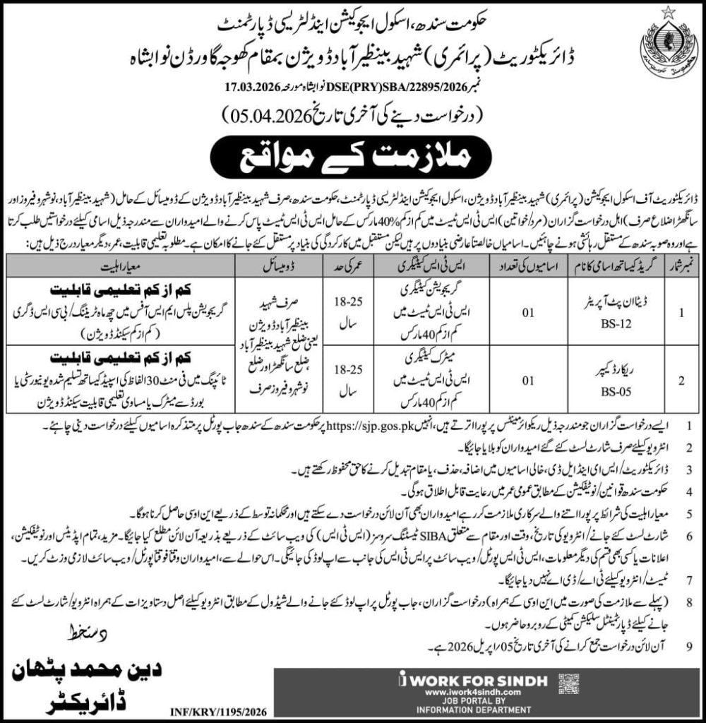 Government of Sindh . school education and literacy department jobs 2026