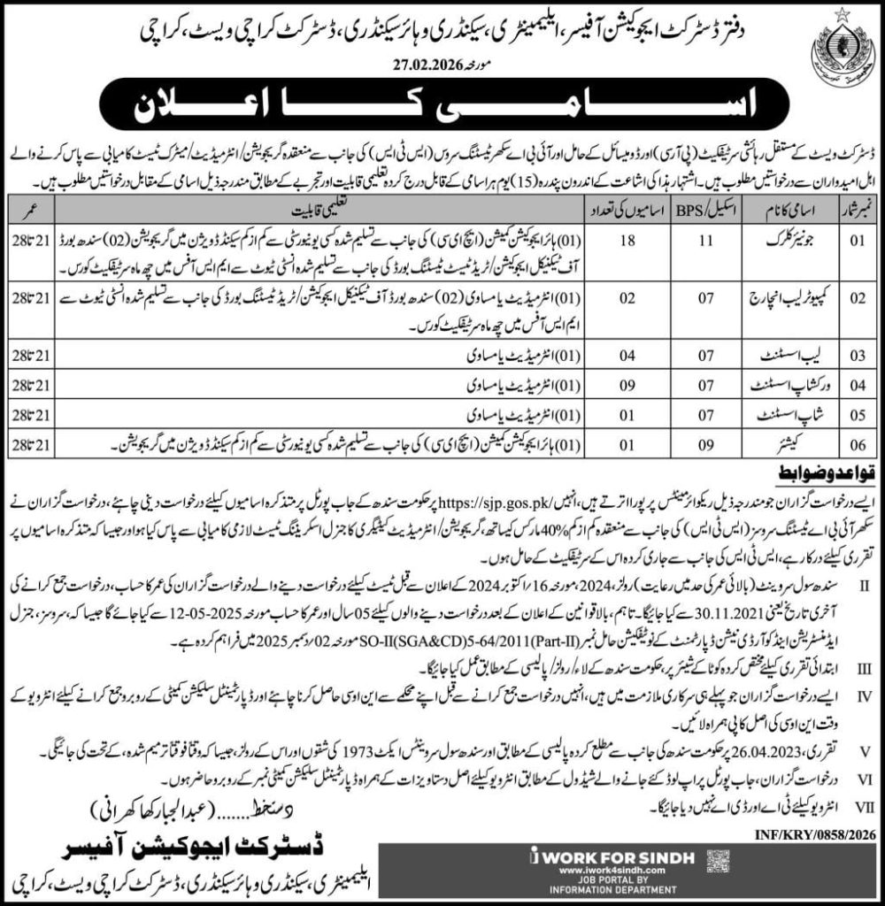 Office of district education officer , elementary ,secondary , higher secondary , karachi  jobs 2026