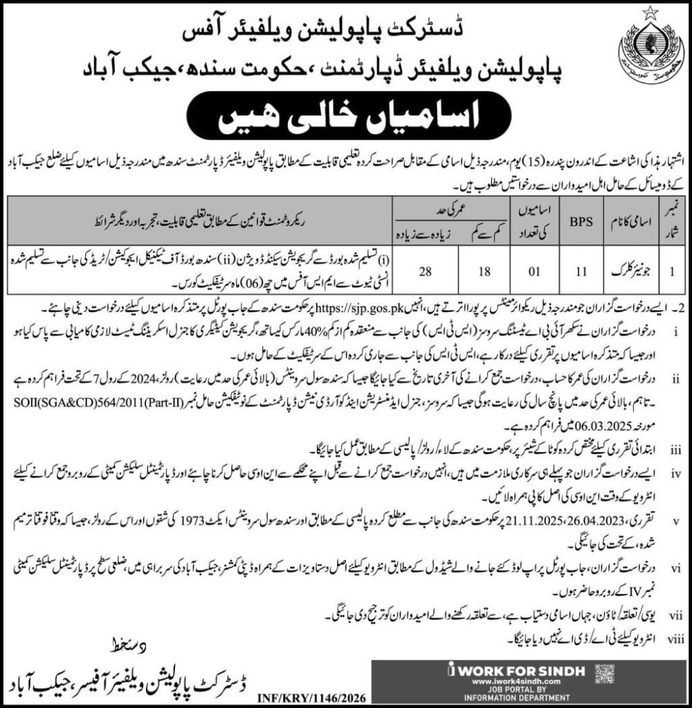 Population welfare department , government of Sindh , Jacobabad jobs 2026