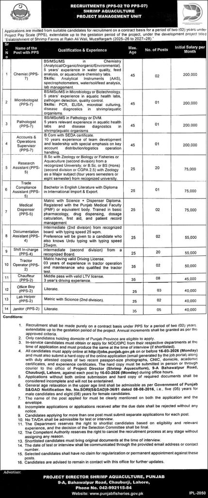 Project director shrimp aquaculture, Punjab jobs 2026