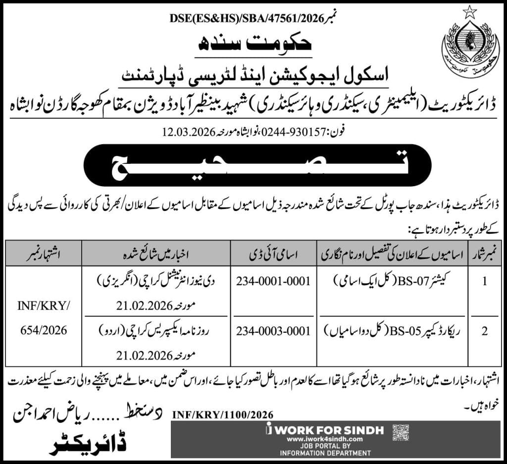 School education and literacy department , Government of Sindh jobs 2026
