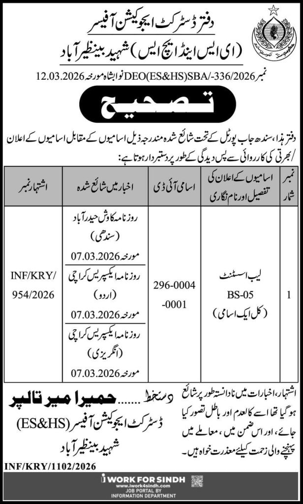 Office of district education officer ,ES and HS shaheed baneezirbad jobs 2026