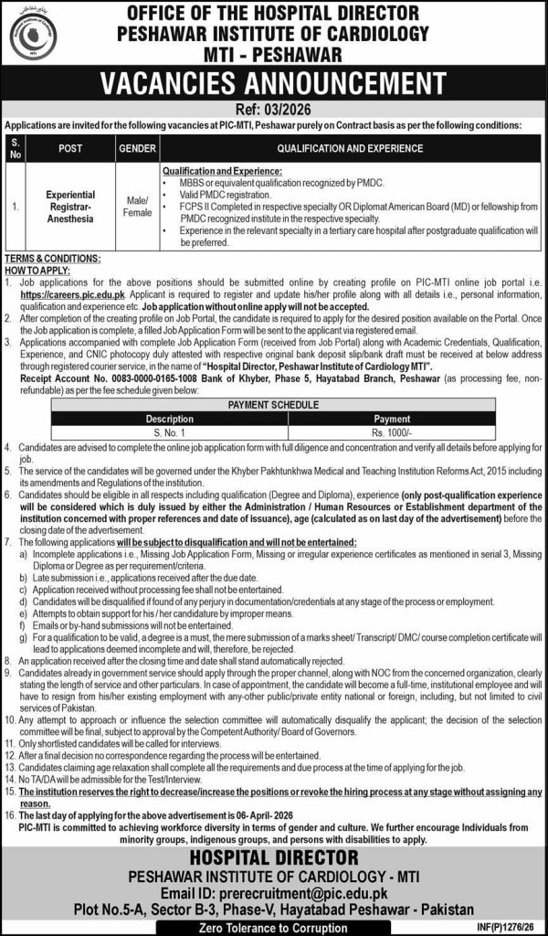 Office of the hospital director Peshawar institute of cardiology jobs 2026