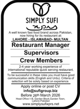 Simply SUFI restaurant jobs 2026