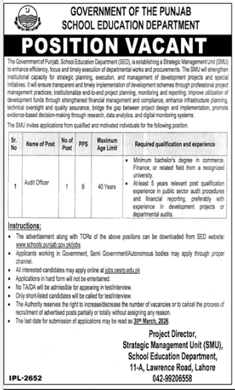 Government of the Punjab school education department jobs 2026