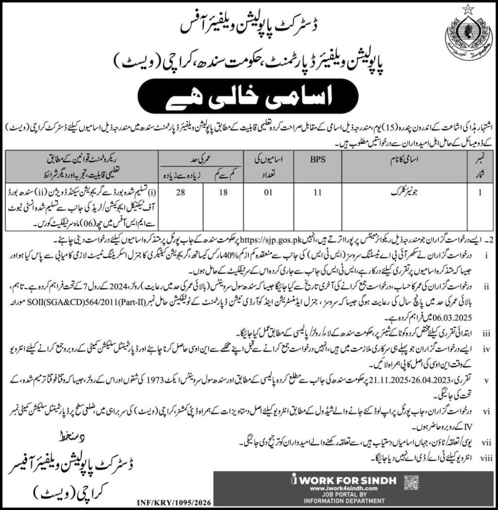 Population welfare department , Government of Sindh Karachi( West) jobs 2026