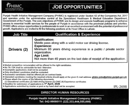 Punjab health initiative management company  jobs 2026