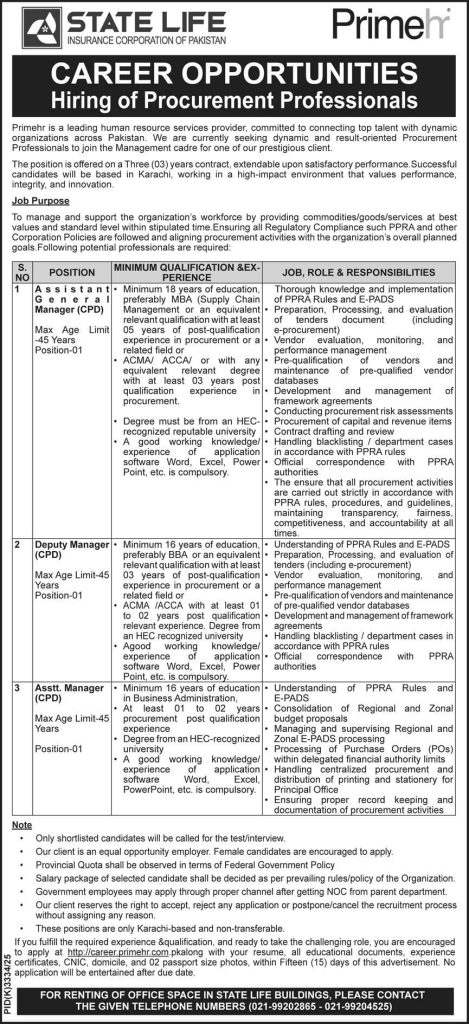 State life insurance corporation of Pakistan Jobs 2026