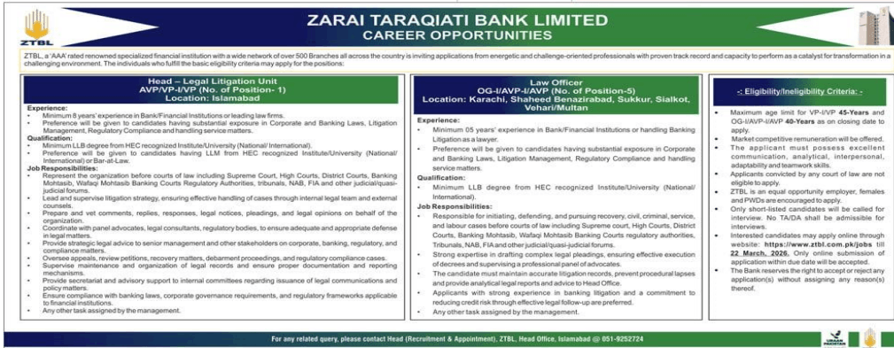 Zarai traqiati bank limited     Jobs 2026