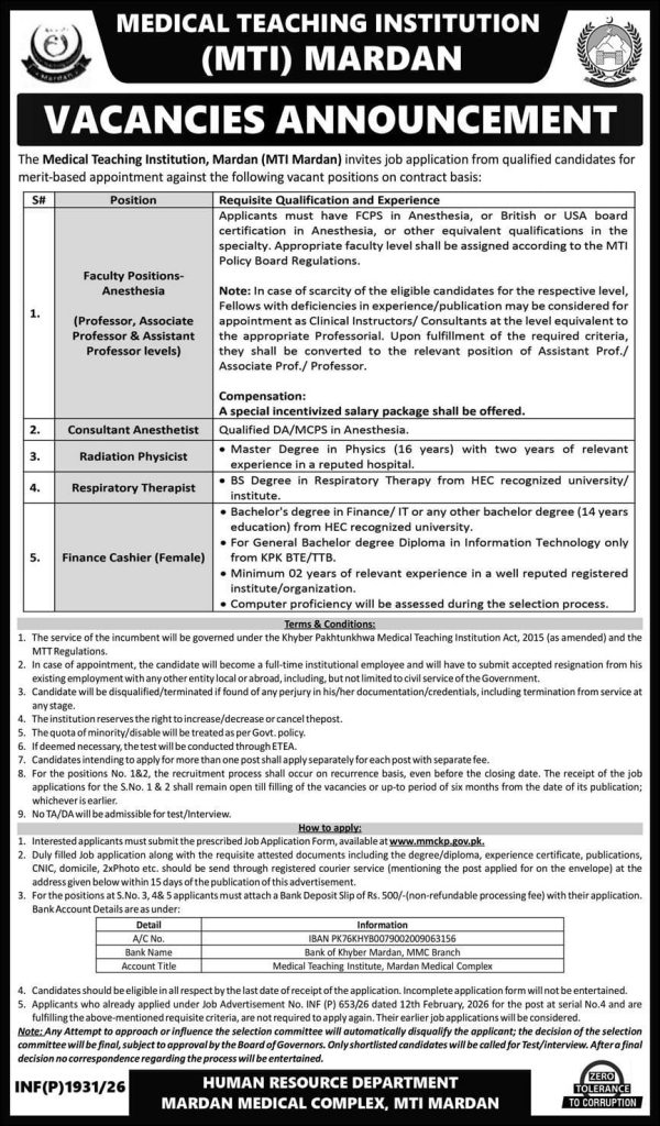 Medical teaching institution Mardan Jobs 2026