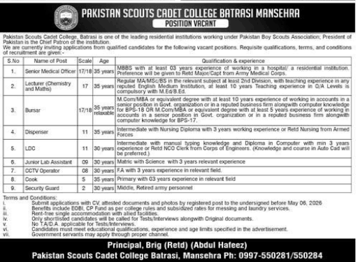 Pakistan scouts cadet college Batrasi Mansehra Jobs 2026