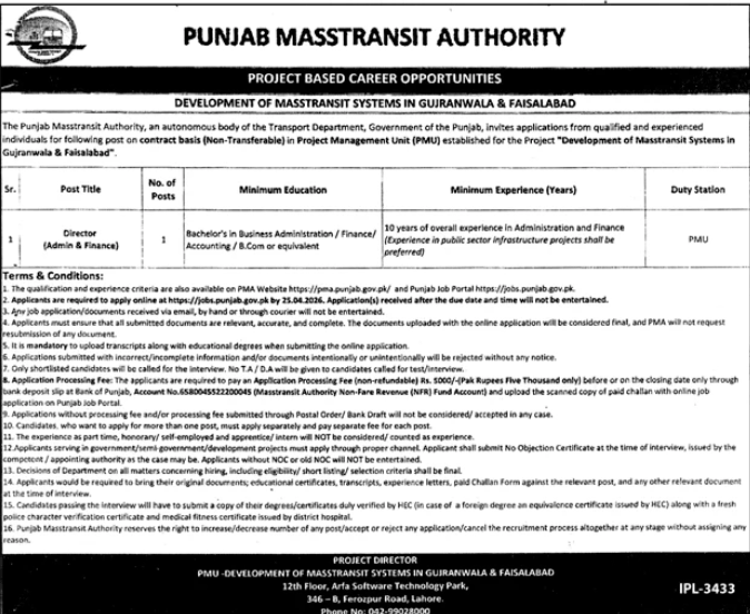 The punjab masstransit  authority  Jobs 2026 