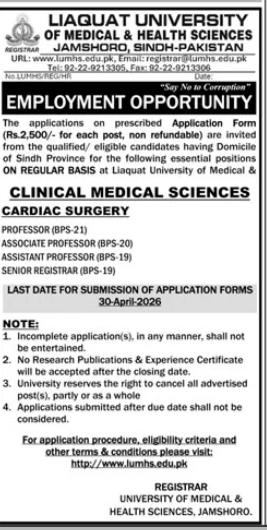 Liaquat university of medical and health sciences Jamshoro , Sindh Pakistan Jobs 2026