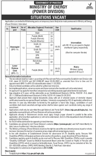 Ministry of energy ( power division ) Jobs 2026
