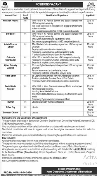 Admin home department government of Balochistan Jobs 2025