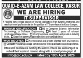 Quaid-e-azam law college , kasur Jobs 2026