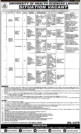 University of health sciences Lahore Jobs 2026