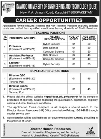 Dawood university of engineering and technology Jobs 2026