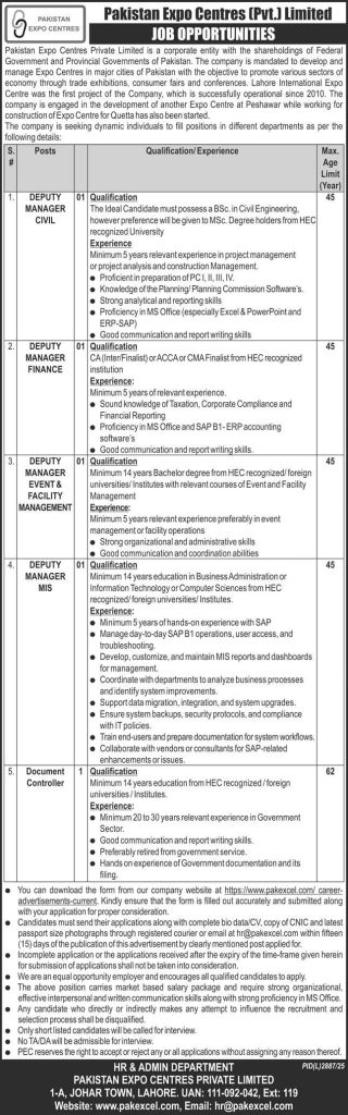Pakistan Expo center Private limited Jobs 2026