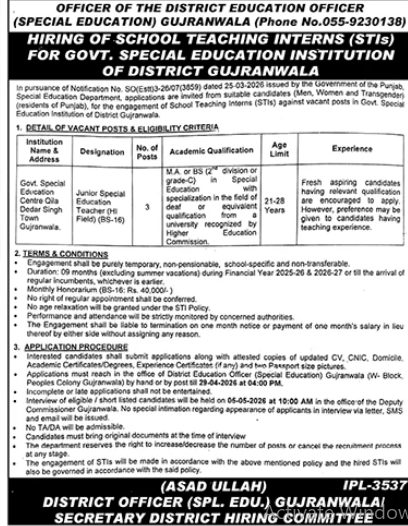 Government special education institution of district gujranwala Jobs 2026