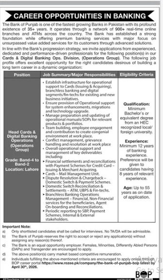The bank of Punjab Jobs 2026