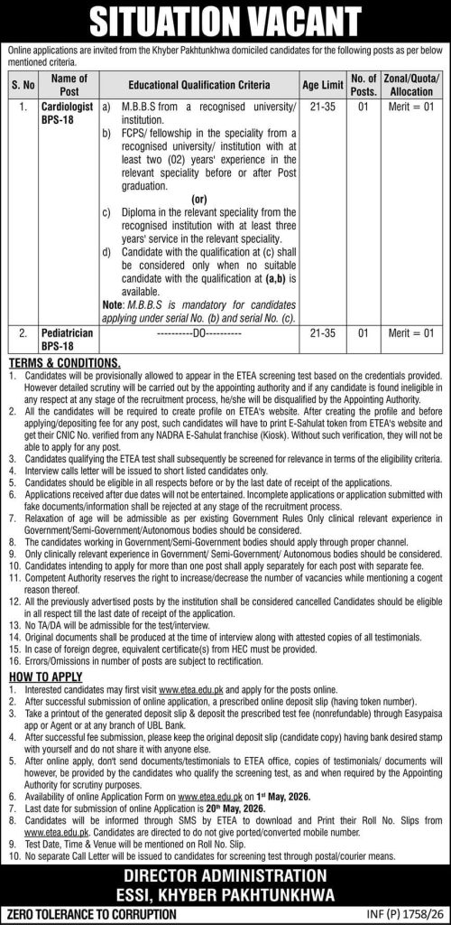 Director Administration ESSI , KPK  Jobs 2026