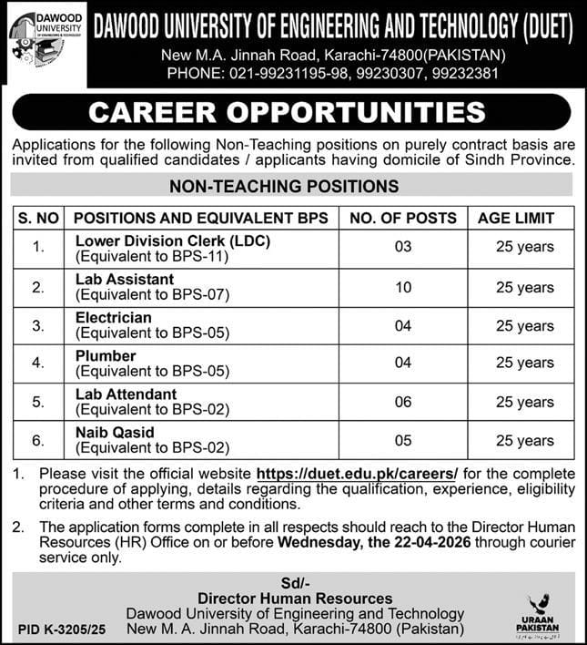 Dawood university of engineering and technology Jobs 2026