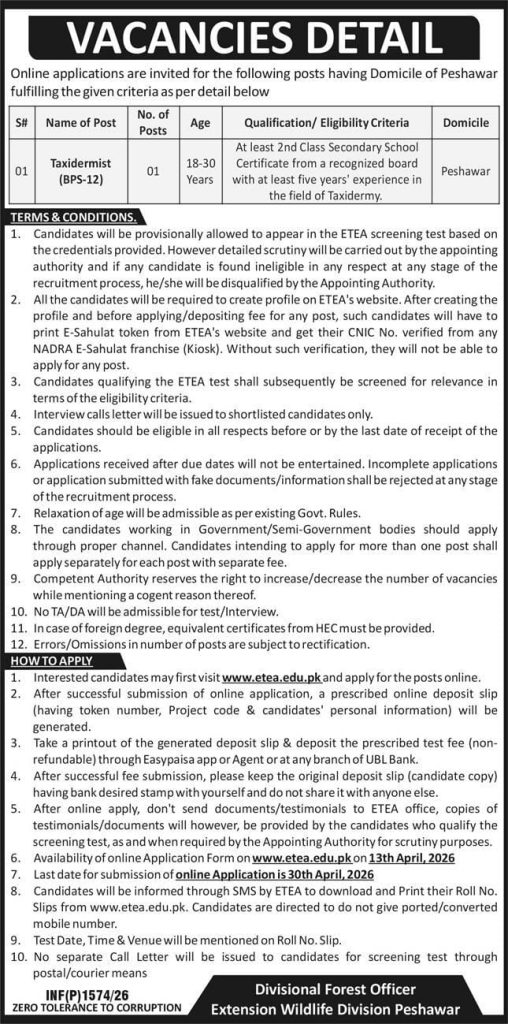 Extension wildlife division Peshawar Jobs 2026