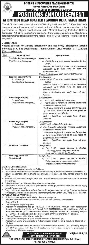The mufti mehmood memorial medical teaching lostitution dikhan  Jobs 2026