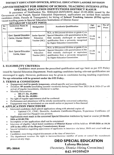 Special education institutions district kasur Jobs 2026