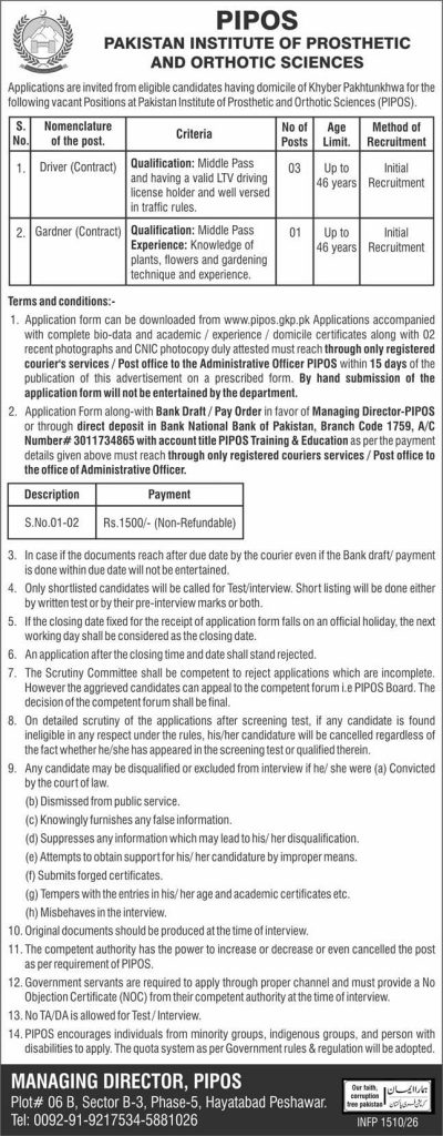 Pakistan institute of prosthetic and orthotic sciences  Jobs 2026 