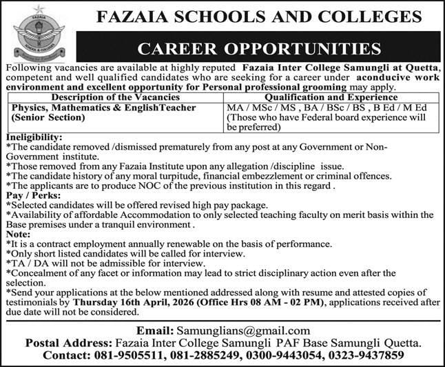 Fazaia schools and colleges Jobs 2026
