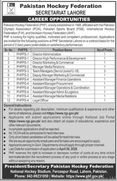 Pakistan hockey federation  Jobs 2026