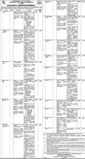 Government of the Punjab , communication and works department Lahore Jobs 2026
