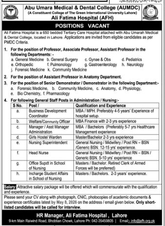Abu Umara medical and dental college Ali Fatima hospital Jobs 2026