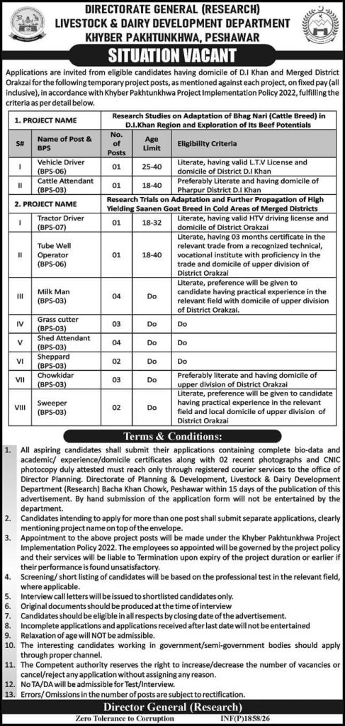 Livestock and dairy development department KPK Peshawar Jobs 2026