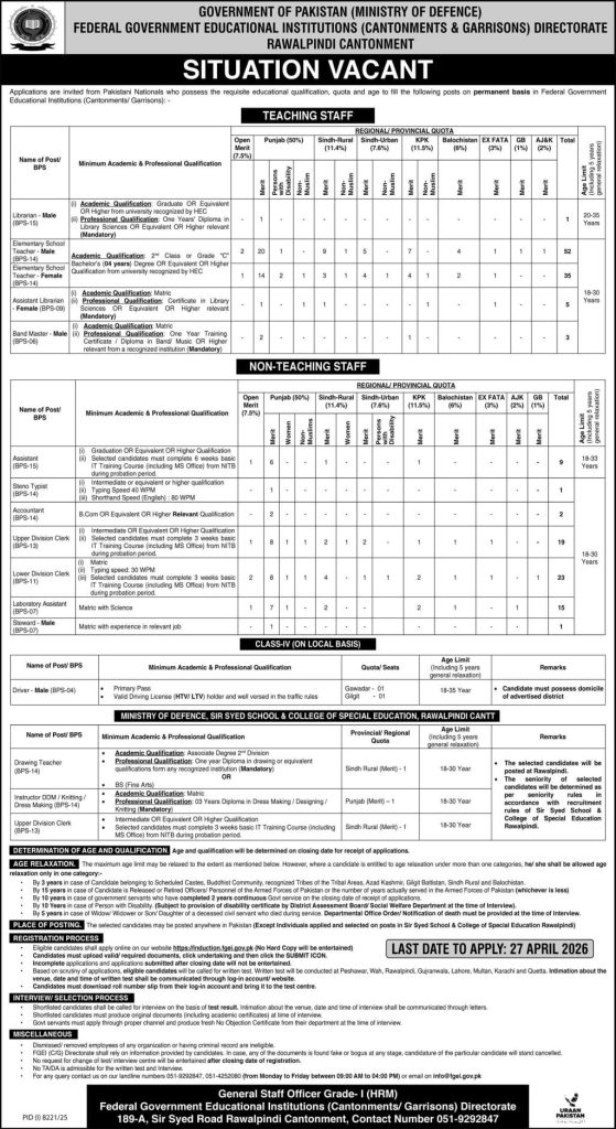 Federal government educational institutions garrisons directorate Jobs 2026