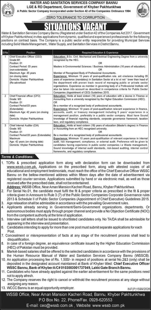 Water and sanitation services company bannu Jobs 2026
