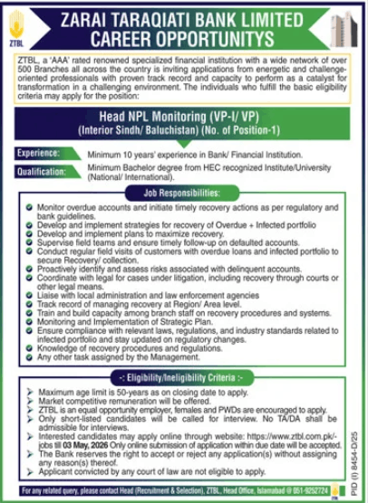 Zarai Taraqiati bank limited Jobs 2026