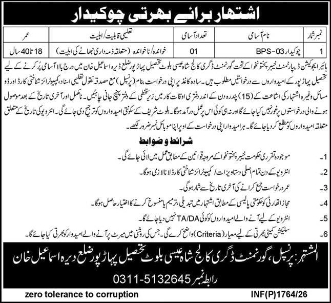 Government degree college dare Ismail khan Jobs 2026