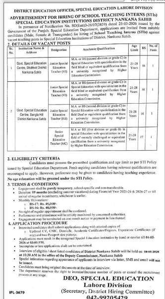 DEO , special education Lahore division Jobs 2026