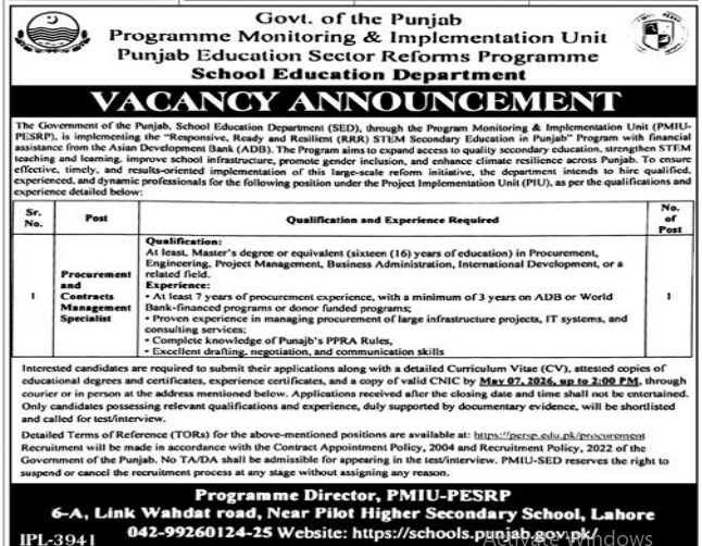 The GOVT . of Punjab School Education department Jobs 2026