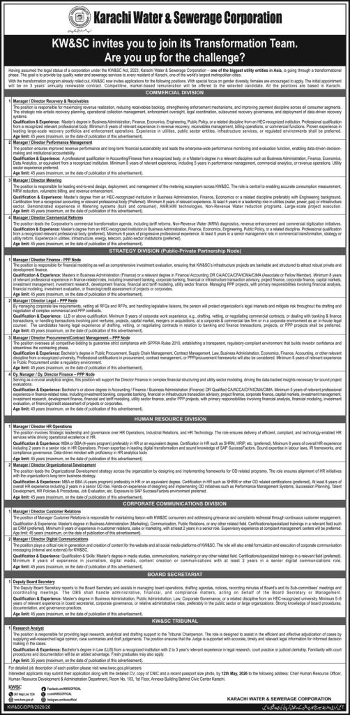 Karachi Water and Sewerage corporation Jobs 2026