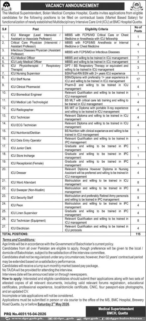 The medical superintendent ,Bolan Medical complex hospital Jobs 2026