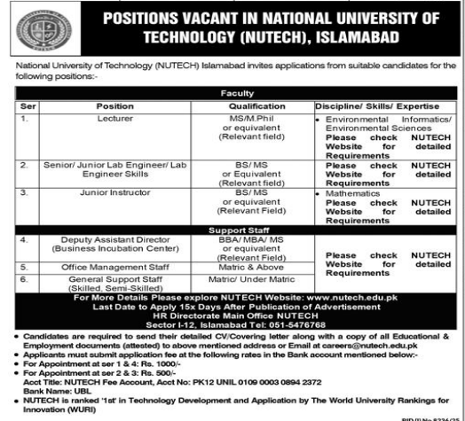 National university of technology (NUTECH) Islamabad Jobs 2026